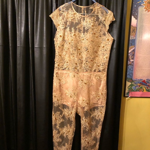 Gold Lace Appliquéd Evening Jumpsuit Prom Gown - Picture 2 of 8